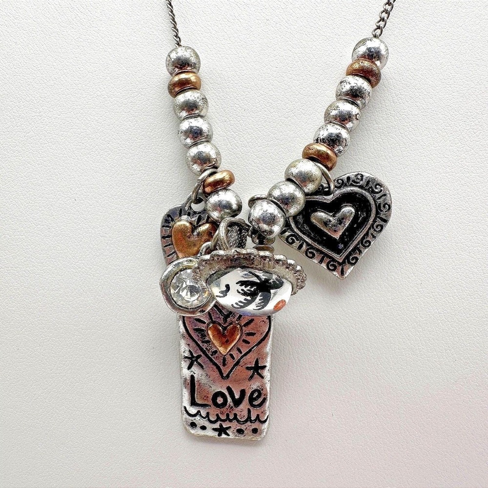 VTG Silver Tone Love Heart Key Multi Charm Pendant Necklace Y2K 90s Retro Boho